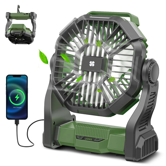 Camping Fan with LED Lantern, 11000mAh Portable Battery Operated Outdoor Fan, Personal Rechargeable Fan for Travel, Hiking, Fishing, Picnic（Green）