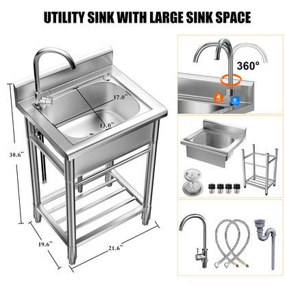 AiYchen Stainless Steel Utility Sink - NSF Certified Single Bowl Freestanding Kitchen Sink with Hot & Cold Hoses for Laundry, Garden, Garage, Restaurant Use