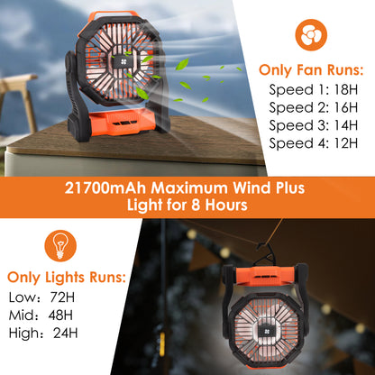 Camping Fan with LED Lantern, 11000mAh Portable Battery Operated Outdoor Fan, Personal Rechargeable Fan for Travel, Hiking, Fishing, Picnic