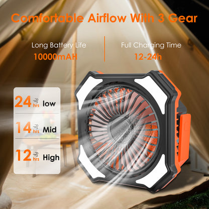 Camping Fan with LED Lantern, 10000mAh Rechargeable Portable Tent Fan with Remote Control, Power Bank, 180°Head Rotation, Perfect Quiet Battery Operated USB Outdoor Fan for Picnic, Barbecue, Fishing