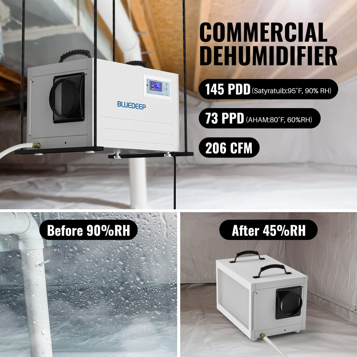 Basement/Crawl Space Dehumidifier,145 Pints (Saturation) 70 Pints Auto Defrost Commercial Dehumidifier with Drain Hose for Water Damage Storage,5 Years Warranty