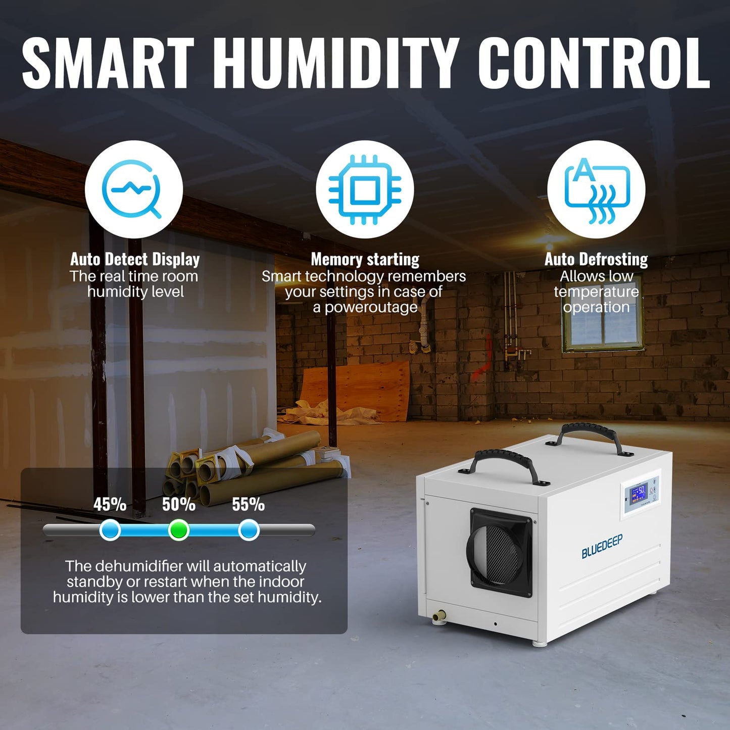 Basement/Crawl Space Dehumidifier,145 Pints (Saturation) 70 Pints Auto Defrost Commercial Dehumidifier with Drain Hose for Water Damage Storage,5 Years Warranty