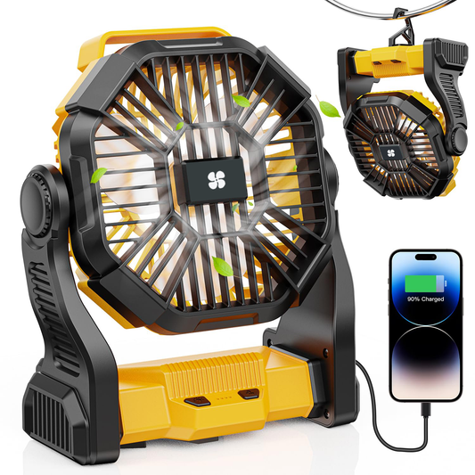 Camping Fan with LED Lantern, 11000mAh Portable Battery Operated Outdoor Fan, Personal Rechargeable Fan for Travel, Hiking, Fishing, Picnic(YELLOW))