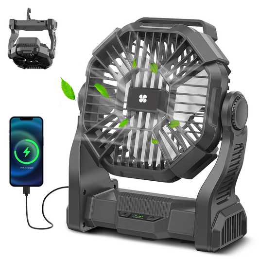 Camping Fan with LED Lantern, 11000mAh Portable Battery Operated Outdoor Fan, Personal Rechargeable Fan for Travel, Hiking, Fishing, Picnic(Black)