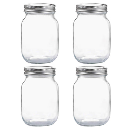Fenrir Glass Regular Mouth Mason Jars, 16 oz Clear Glass Jars with Silver Metal Lids for Sealing, Canning Jars for Food Storage, Overnight Oats, Dry Food, Snacks, Candies, DIY Projects (4PACK)