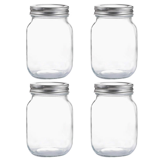 Fenrir Glass Regular Mouth Mason Jars, 16 oz Clear Glass Jars with Silver Metal Lids for Sealing, Canning Jars for Food Storage, Overnight Oats, Dry Food, Snacks, Candies, DIY Projects (4PACK)