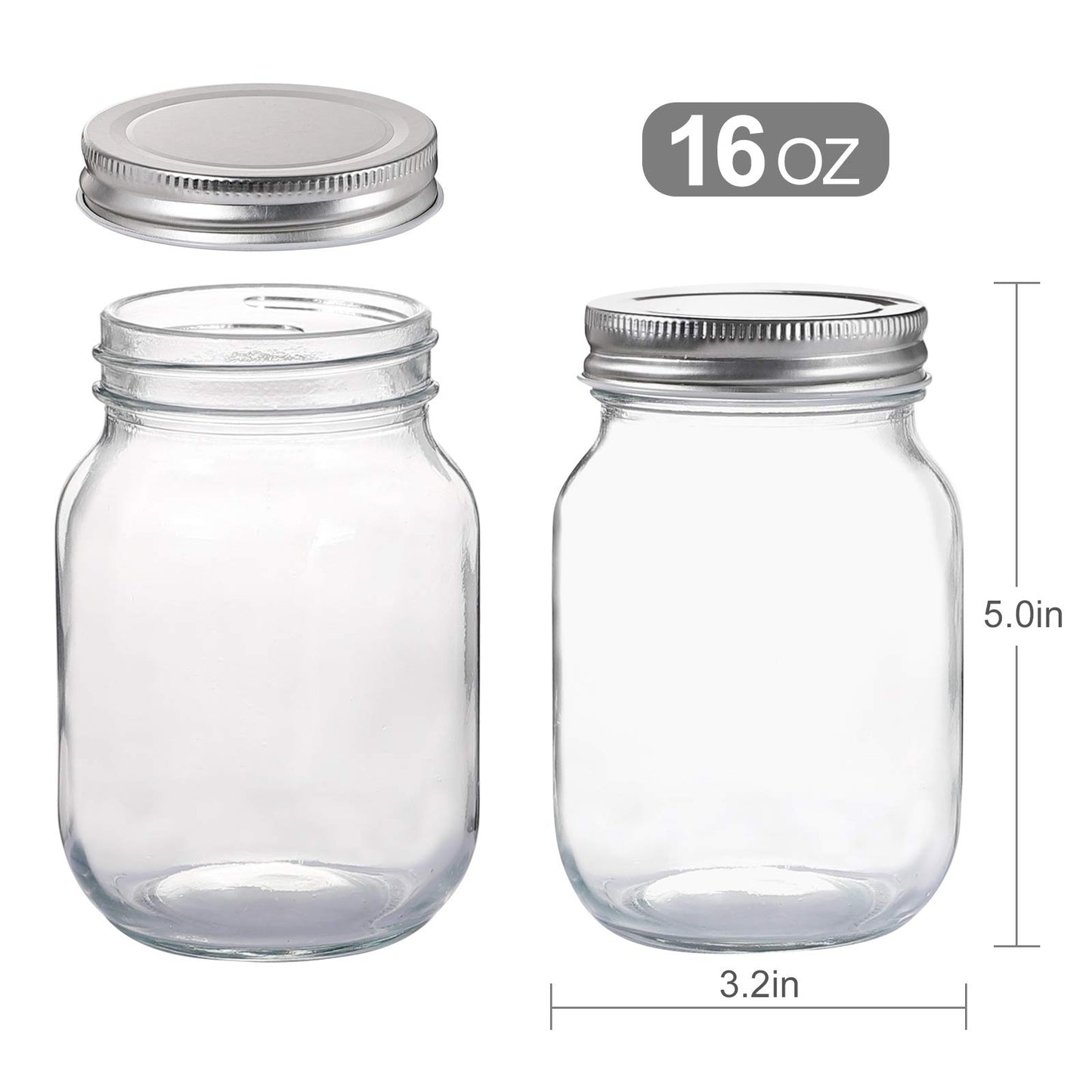 Fenrir Glass Regular Mouth Mason Jars, 16 oz Clear Glass Jars with Silver Metal Lids for Sealing, Canning Jars for Food Storage, Overnight Oats, Dry Food, Snacks, Candies, DIY Projects (4PACK)