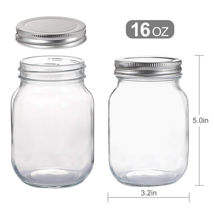 Fenrir Glass Regular Mouth Mason Jars, 16 oz Clear Glass Jars with Silver Metal Lids for Sealing, Canning Jars for Food Storage, Overnight Oats, Dry Food, Snacks, Candies, DIY Projects (4PACK)